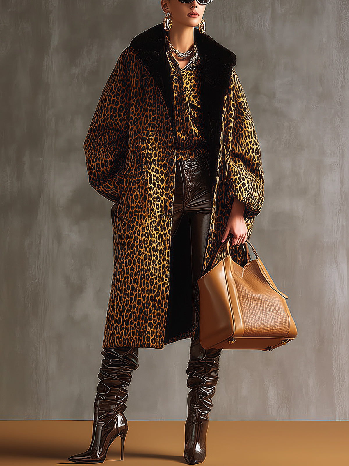 Brown Leopard Print Sheepskin Coat With Black Fur Collar