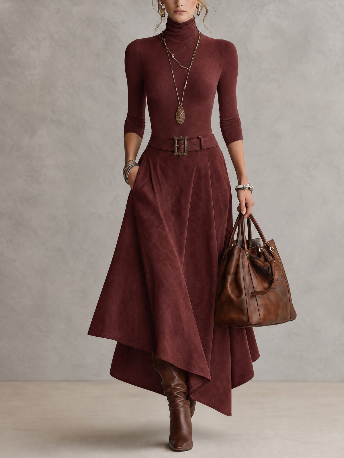 Taupe Stretch Turtleneck Top And Asymmetrical Suede Skirt Set