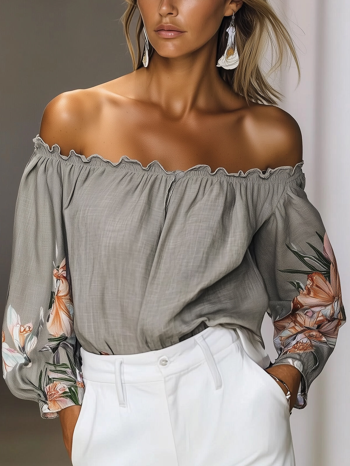 Off Shoulder Linen Floral Print Shirt