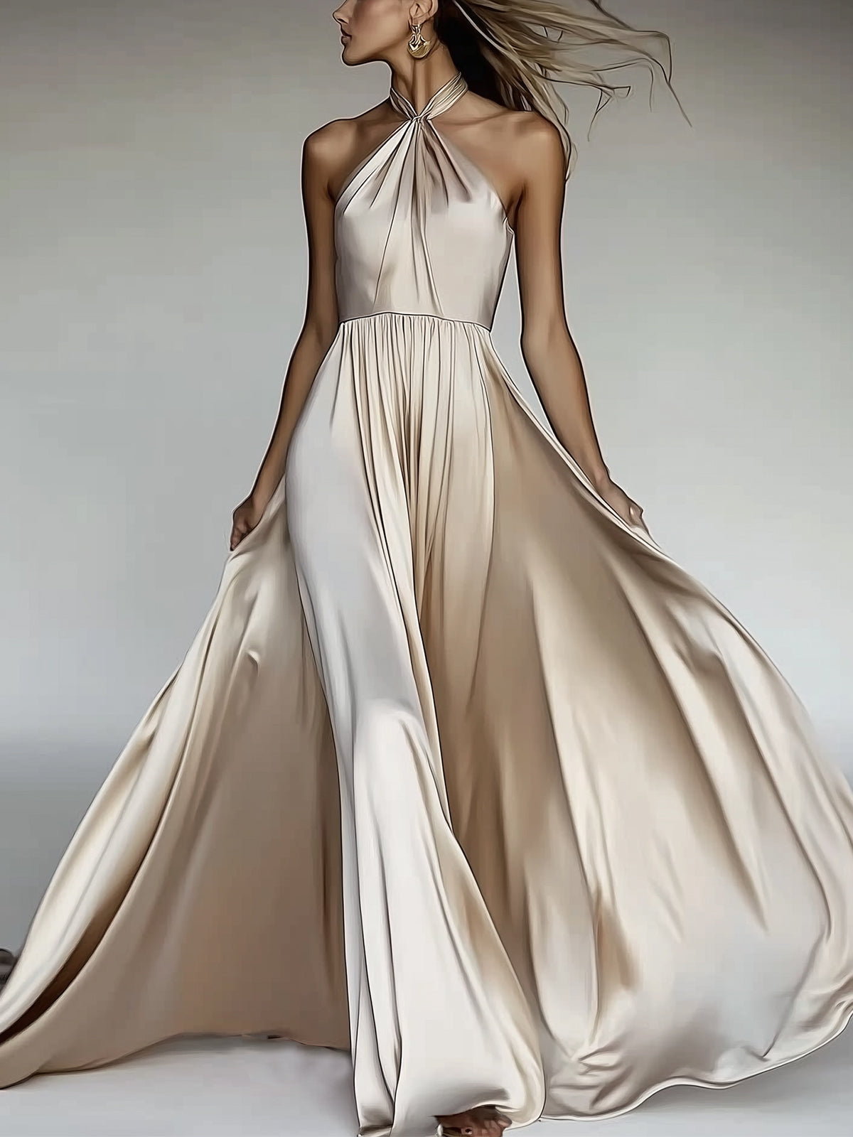 Apricot Satin Sleeveless Flowing Maxi Dress