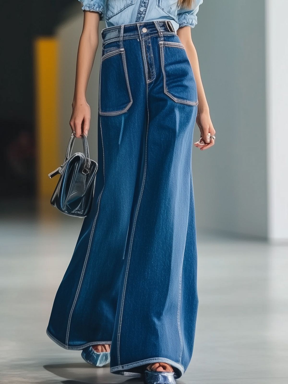 Fashionable Wide-Leg Denim Trousers