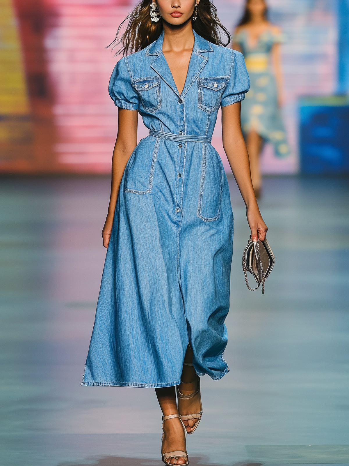 Short Sleeve Collared Denim Maxi Dress