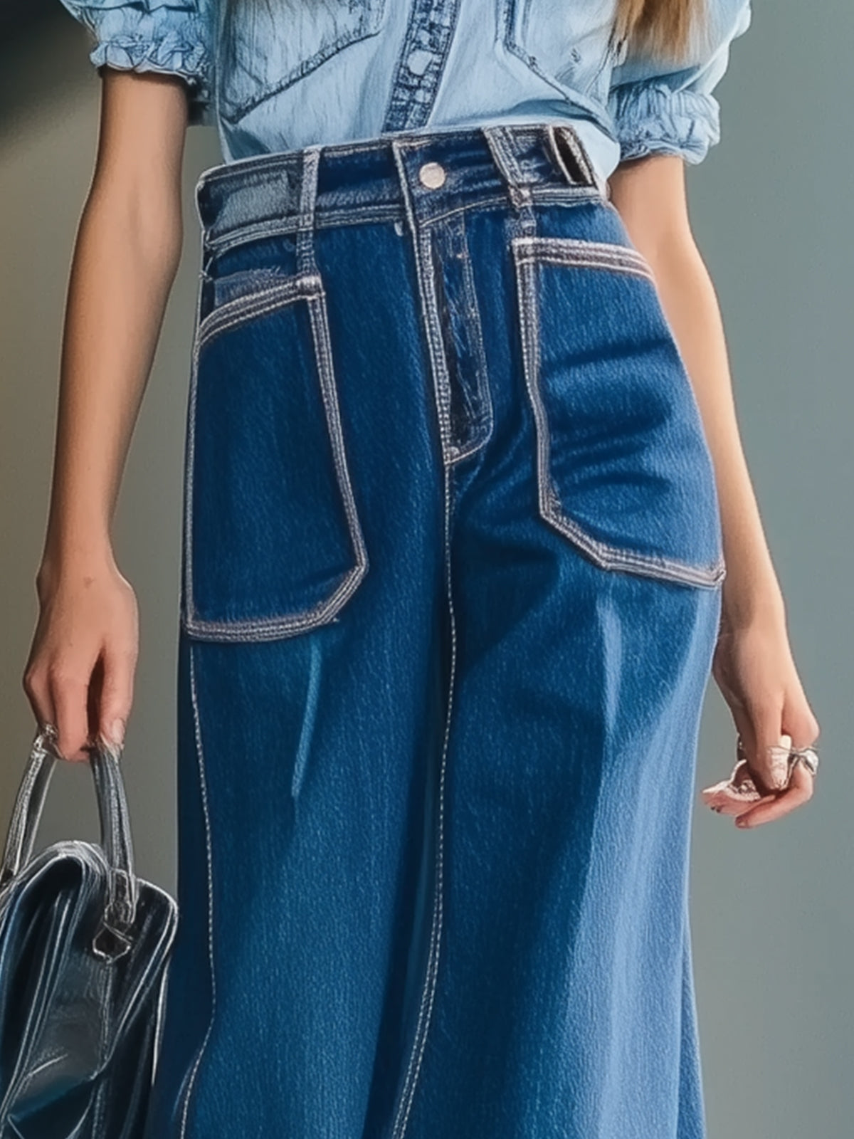 Fashionable Wide-Leg Denim Trousers