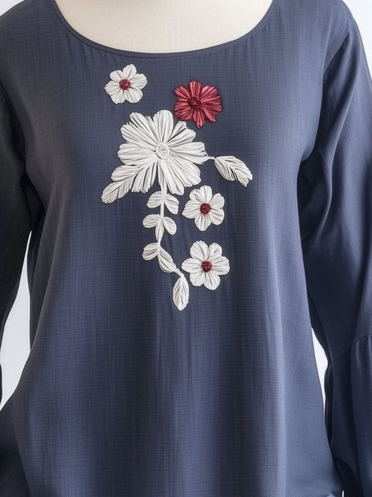 Navy Blue Round-Neck Flower Embroidered Blouse With Lace-Trimmed Cuffs