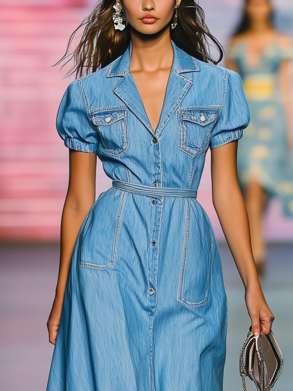 Short Sleeve Collared Denim Maxi Dress