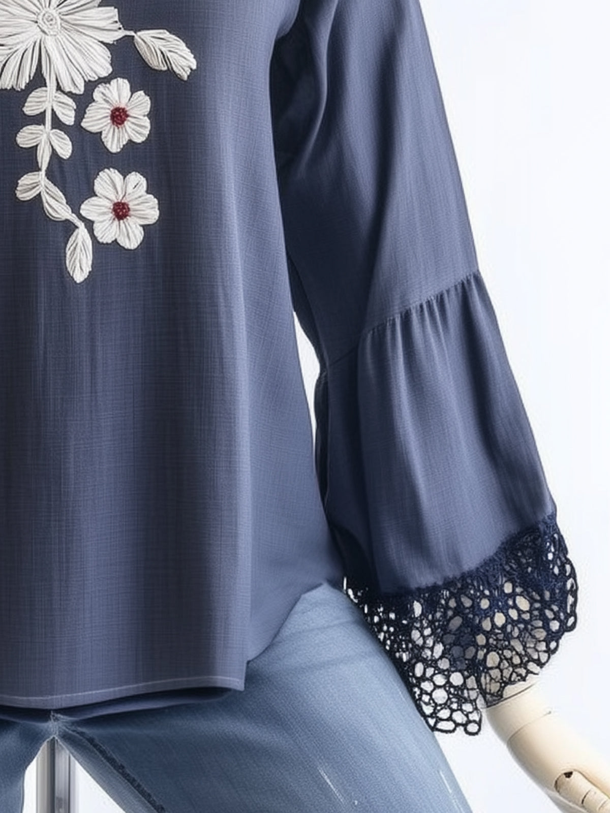 Navy Blue Round-Neck Flower Embroidered Blouse With Lace-Trimmed Cuffs