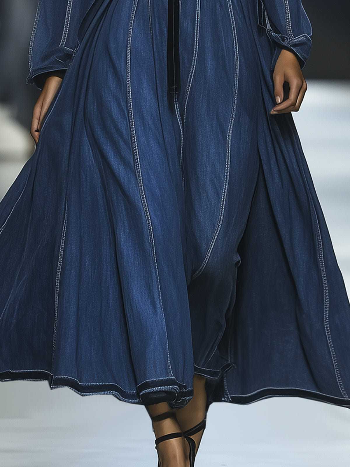 V-Neck Long-Sleeve Denim Maxi Dress With Black Trim