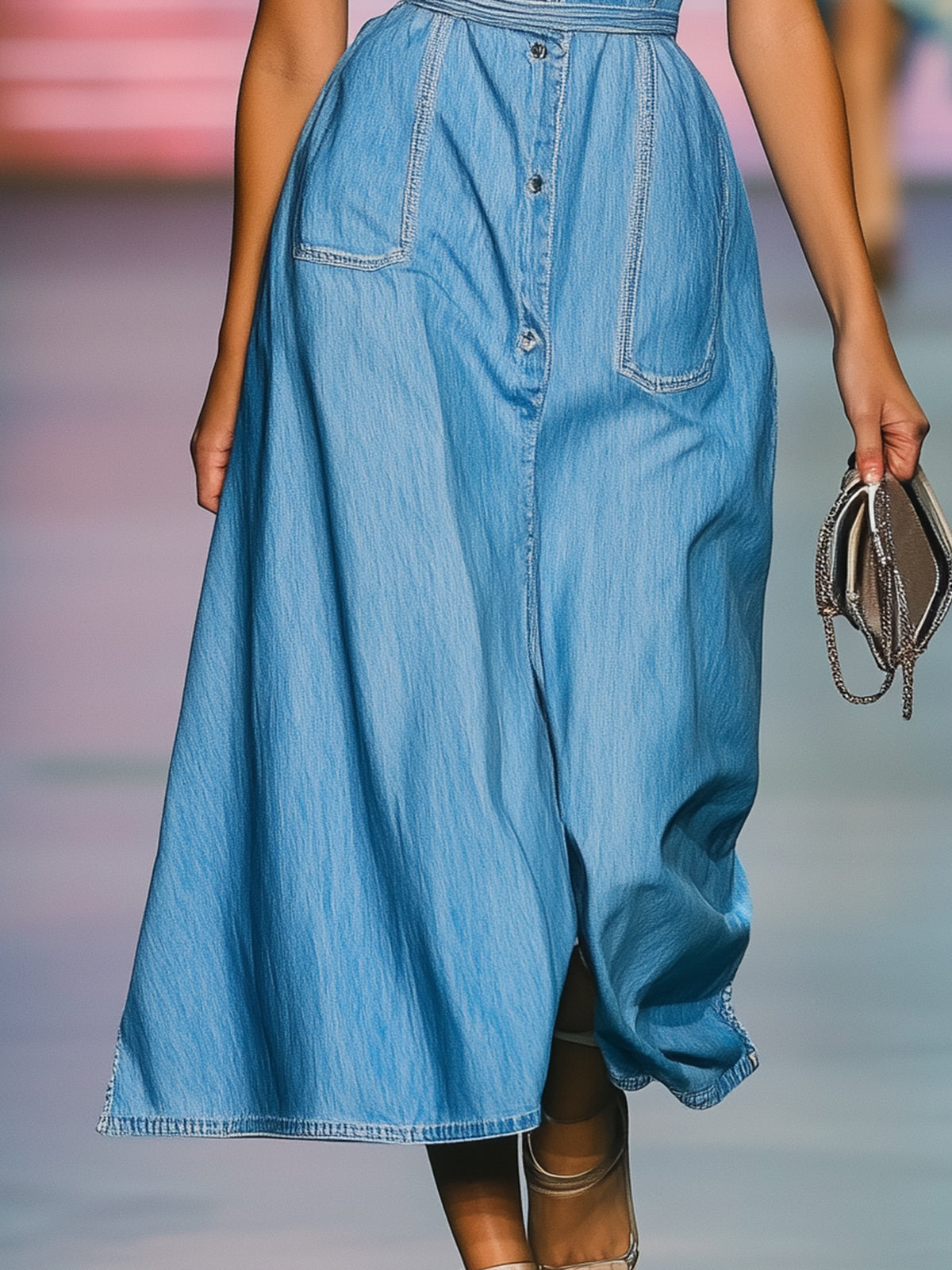 Short Sleeve Collared Denim Maxi Dress