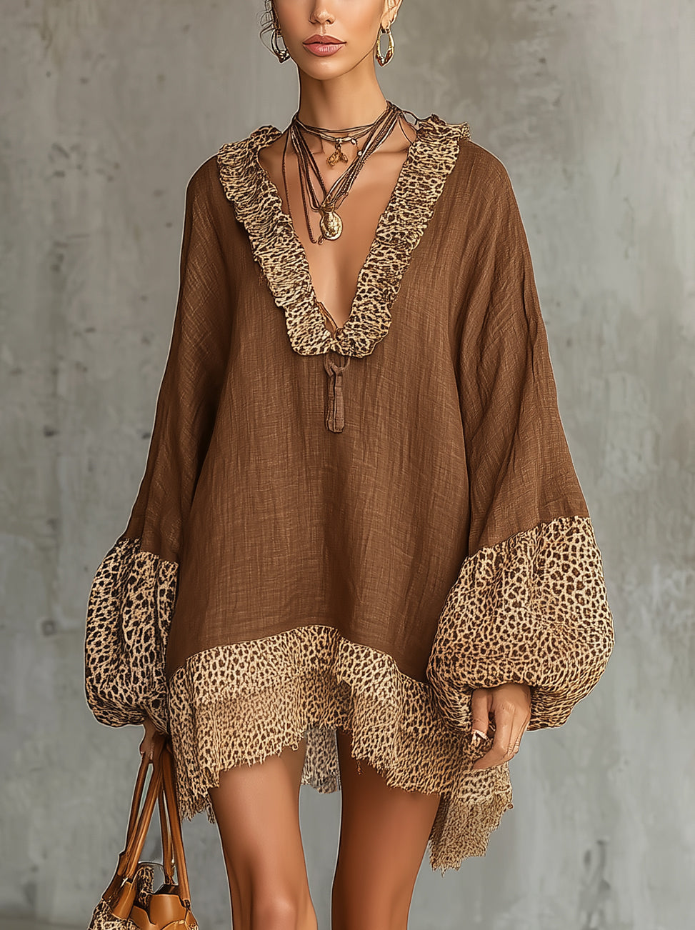 Brown V-Neck Long Sleeve Leopard Ruffle Trim Mini Dress