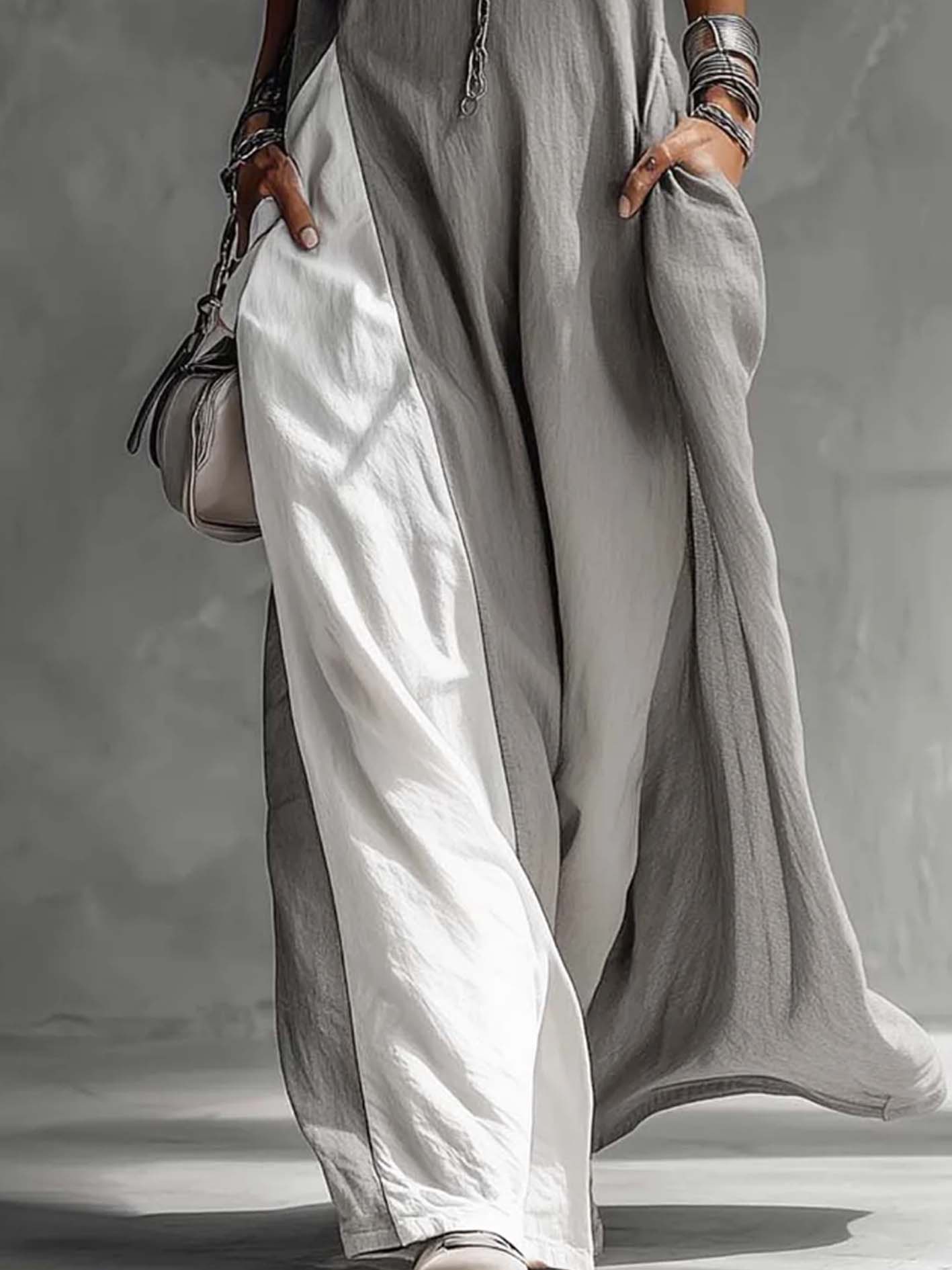 Color Block Gray Sleeveless Cotton Linen Maxi Dress