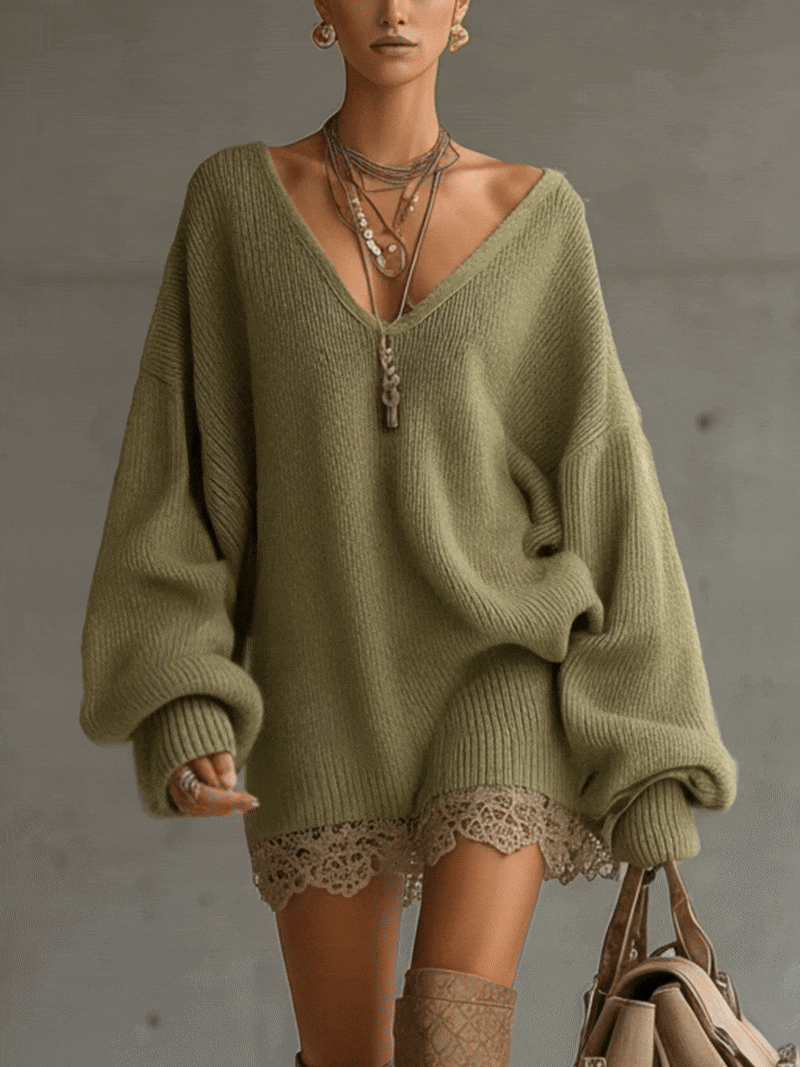 Olive Knit Loose Fit Lace Hem Mini Dress