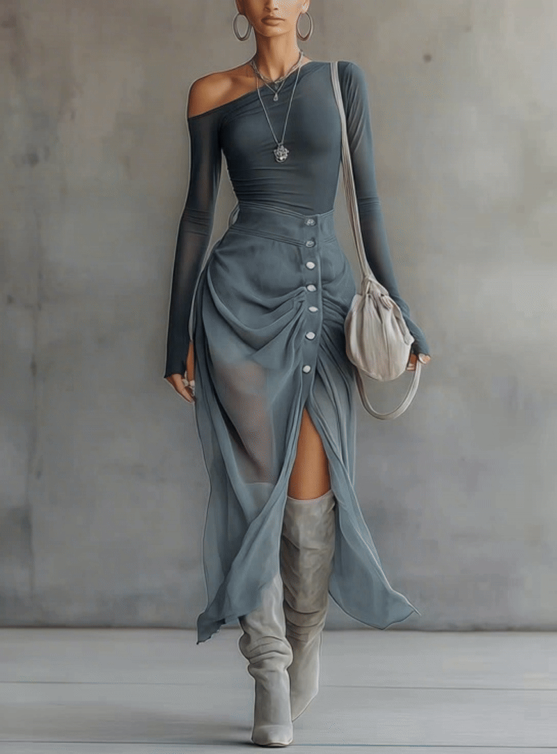 Blue Stretch Knit Chiffon Off-shoulder Maxi Dress With Slit Hem