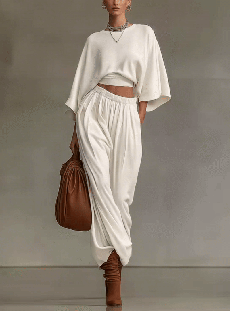 White Knit Cropped Batwing Sleeve High-waisted Wide-leg Trouser Suit