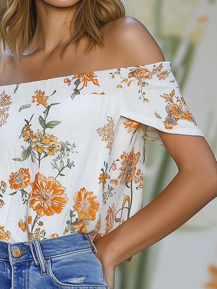 Off Shoulder White Linen Shirt With Orange Flower Print