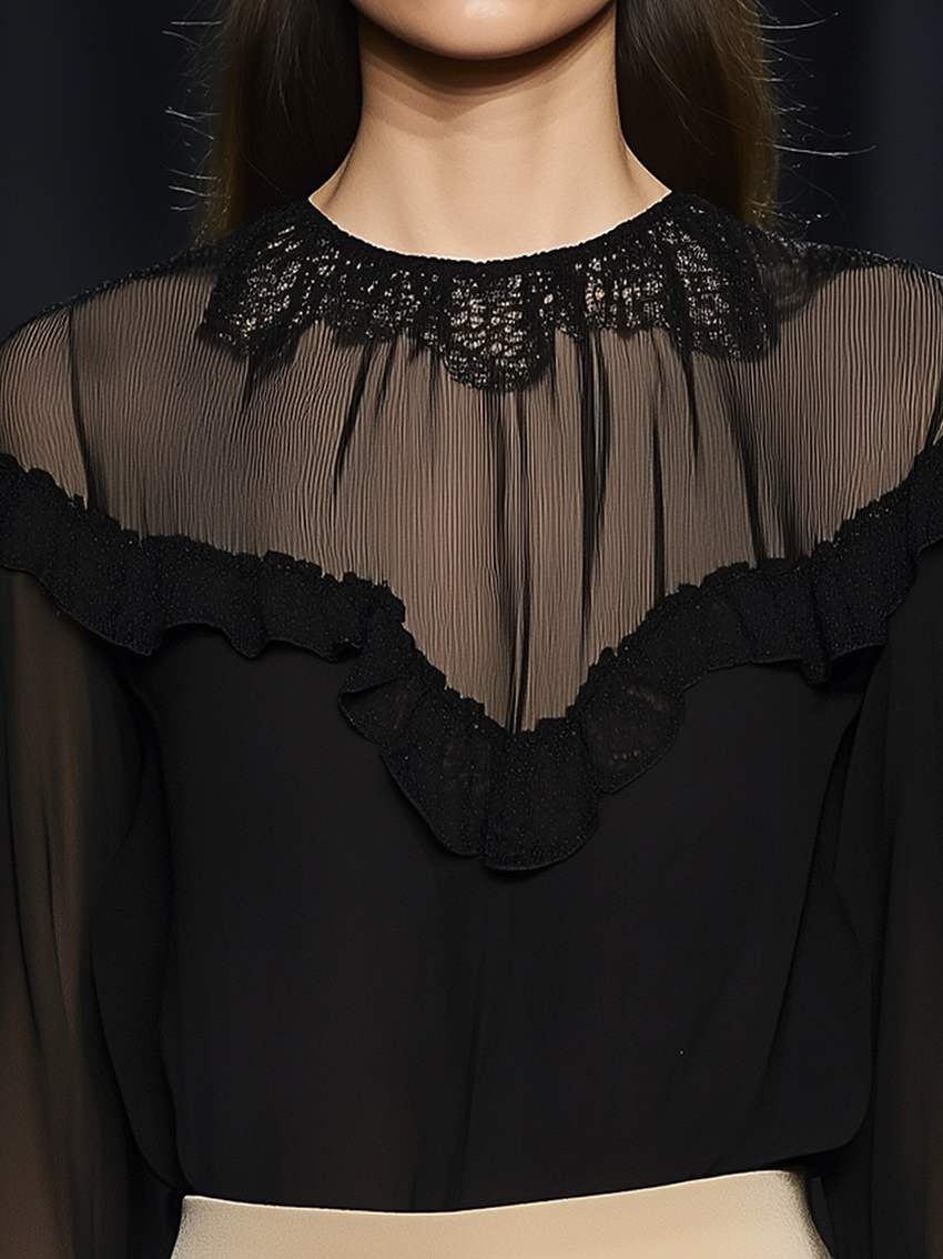 Black Chiffon Shirt With Neckline Stitching Mesh