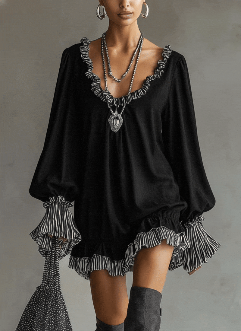 Black Faux Suede Striped Ruffled Loose Mini Dress