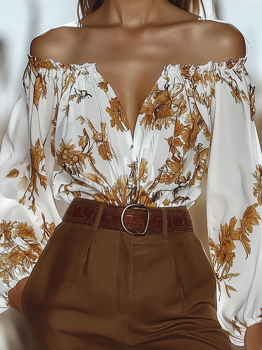 Off Shoulder White Chiffon Shirt With Yellow Flower Print