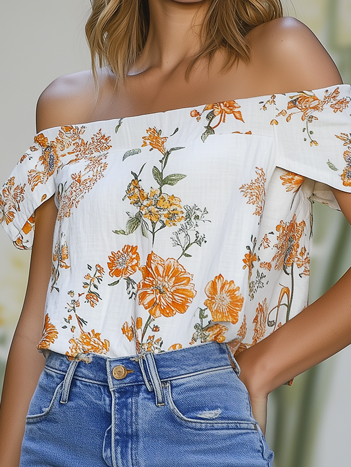 Off Shoulder White Linen Shirt With Orange Flower Print