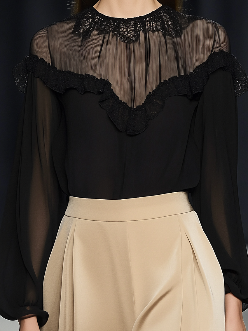 Black Chiffon Shirt With Neckline Stitching Mesh