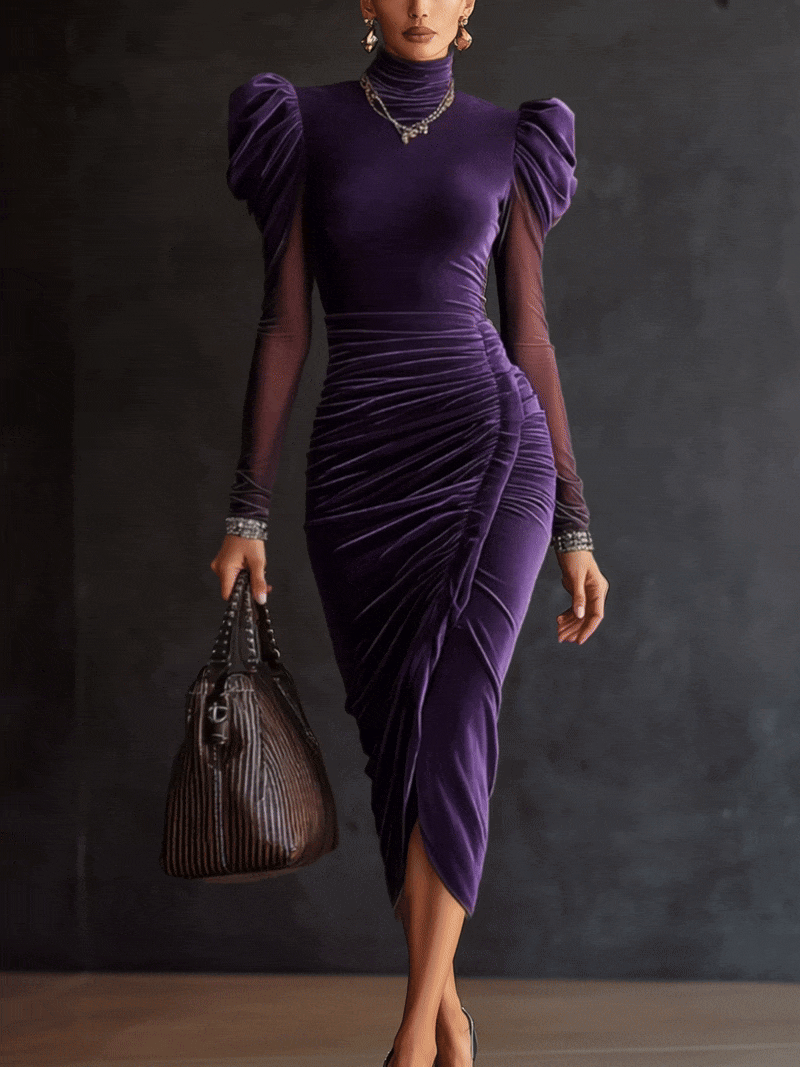 24-Hour-Shipping Plum Velvet Mesh Sleeve Draped Bodycon Dress