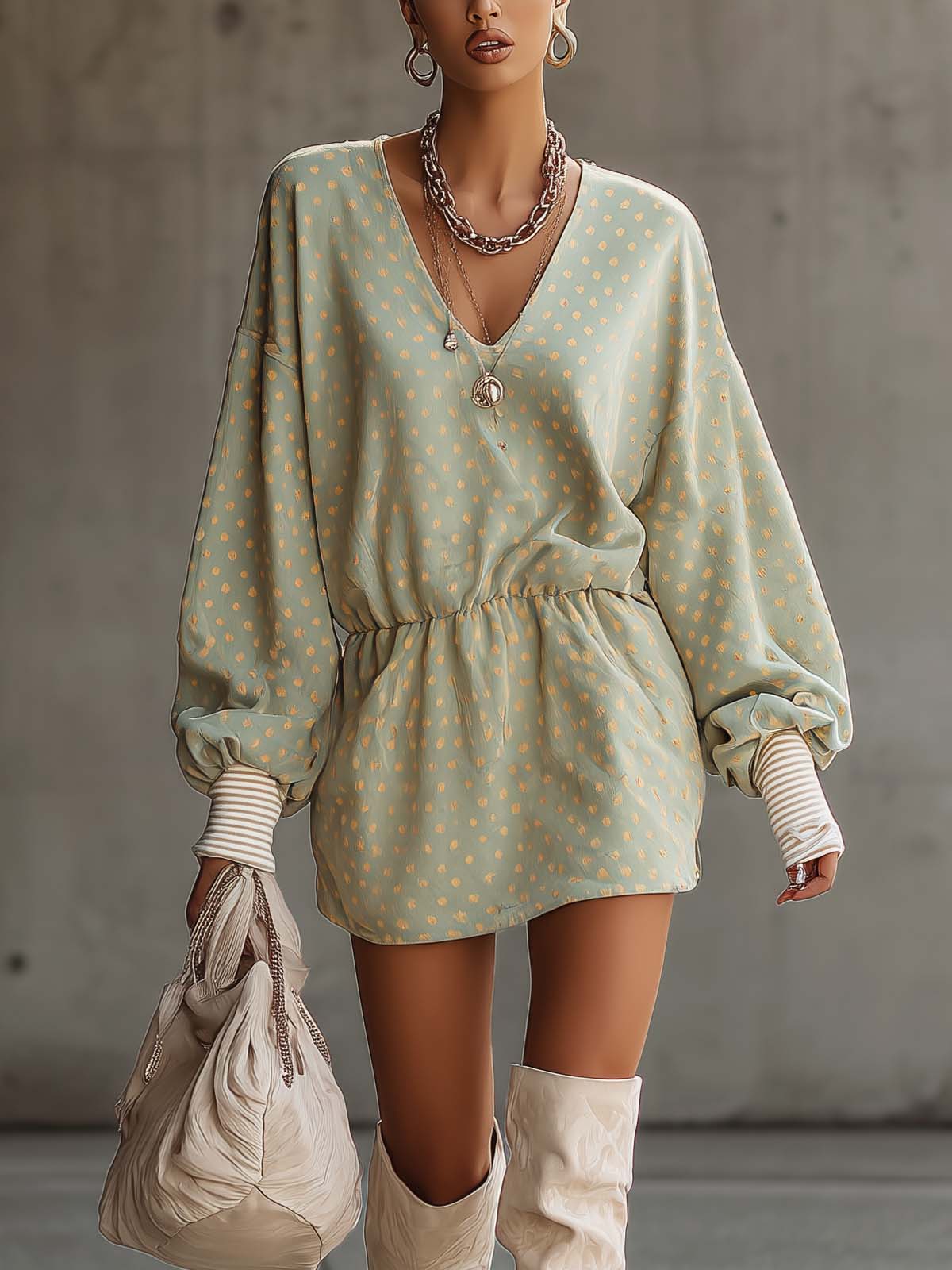 Mint Green Velvet Polka Dot Fitted Waist V-neck Mini Dress