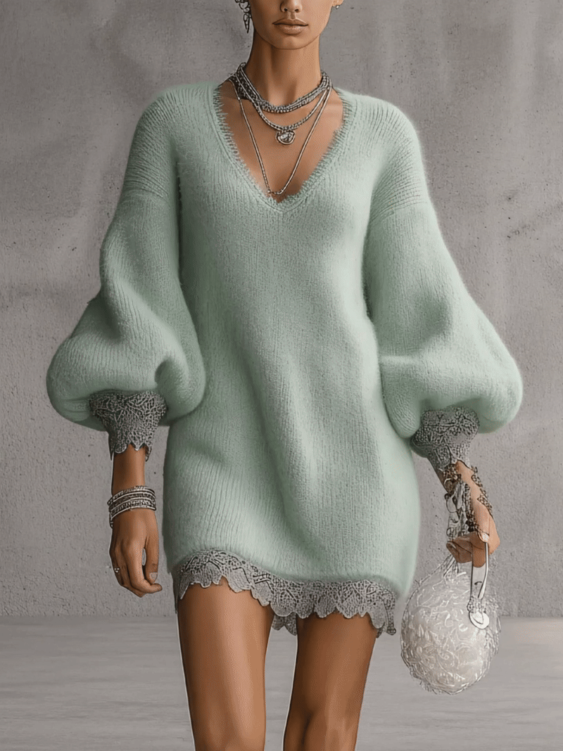 Mint Green Mohair Knit Mini Dress With Lace Trim