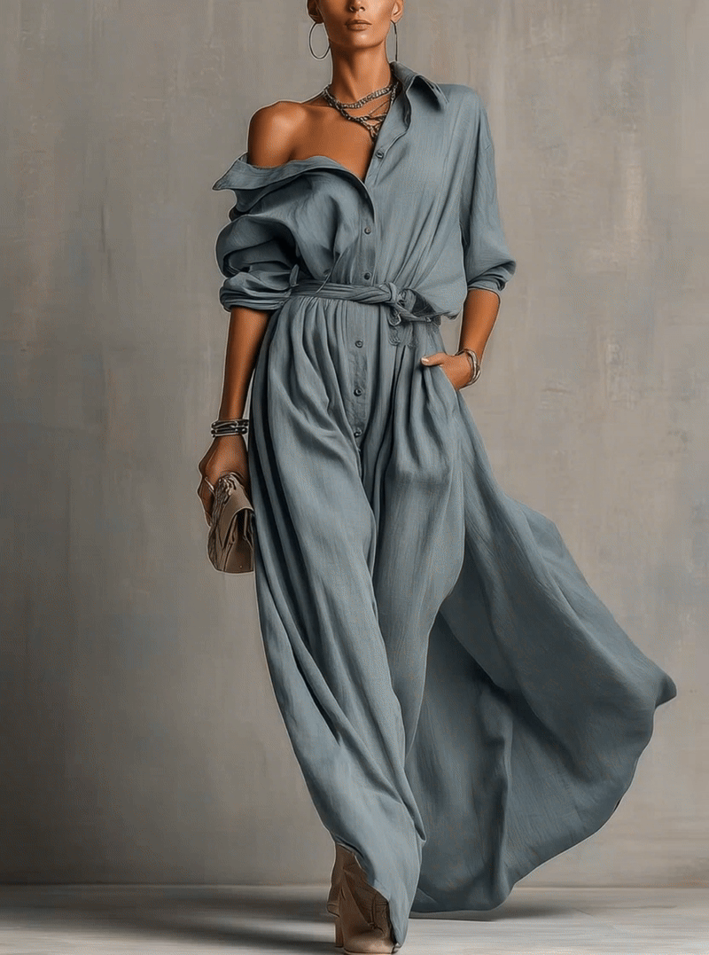 Blue Gray Cotton Linen Maxi Shirt Dress With Belt