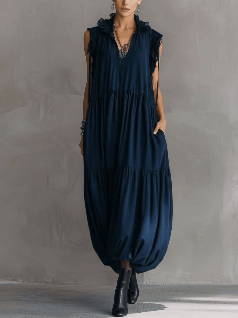 Navy Blue Cotton Linen Sleeveless Maxi Dress With Ruffled Chiffon Collar