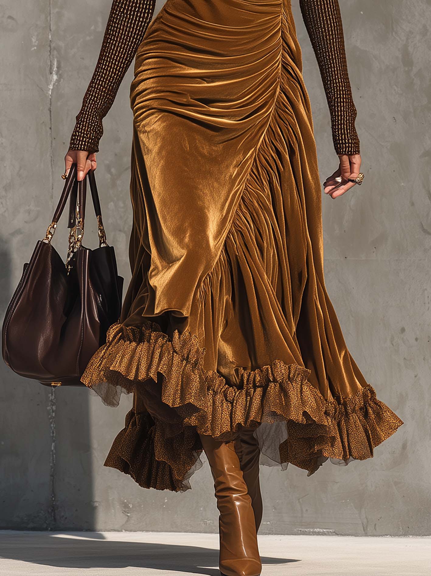 Amber Velvet Midi Dress With Pleats And Ruffles