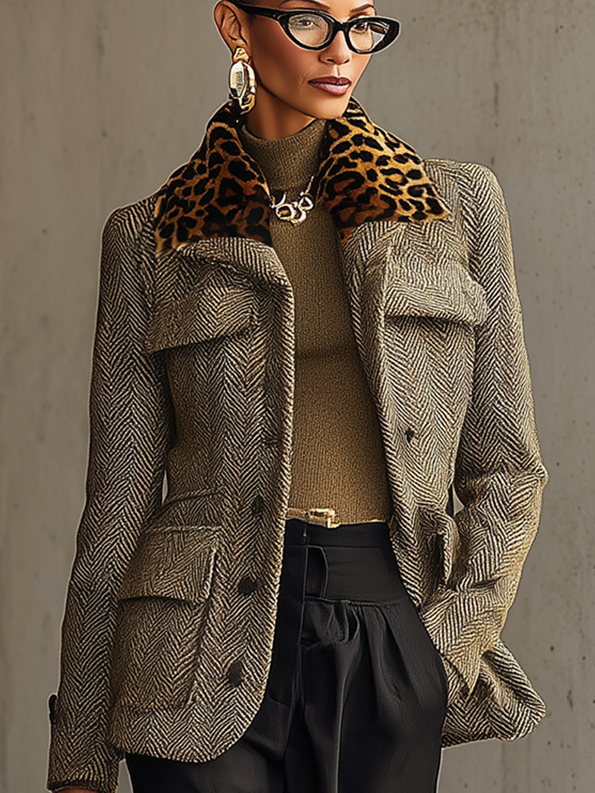 Brown Herringbone Jacket With Vintage Leopard Collar