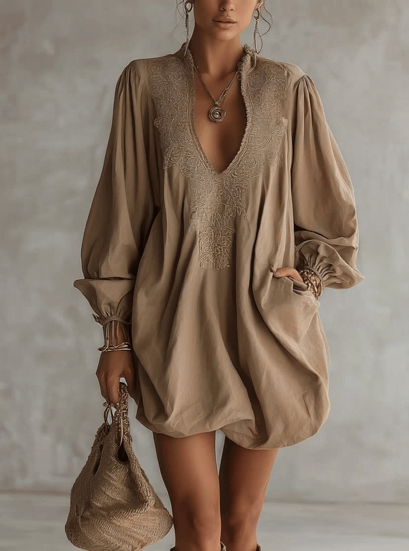 Khaki Vintage Embroidered Cotton Linen Bubble Hem Mini Dress