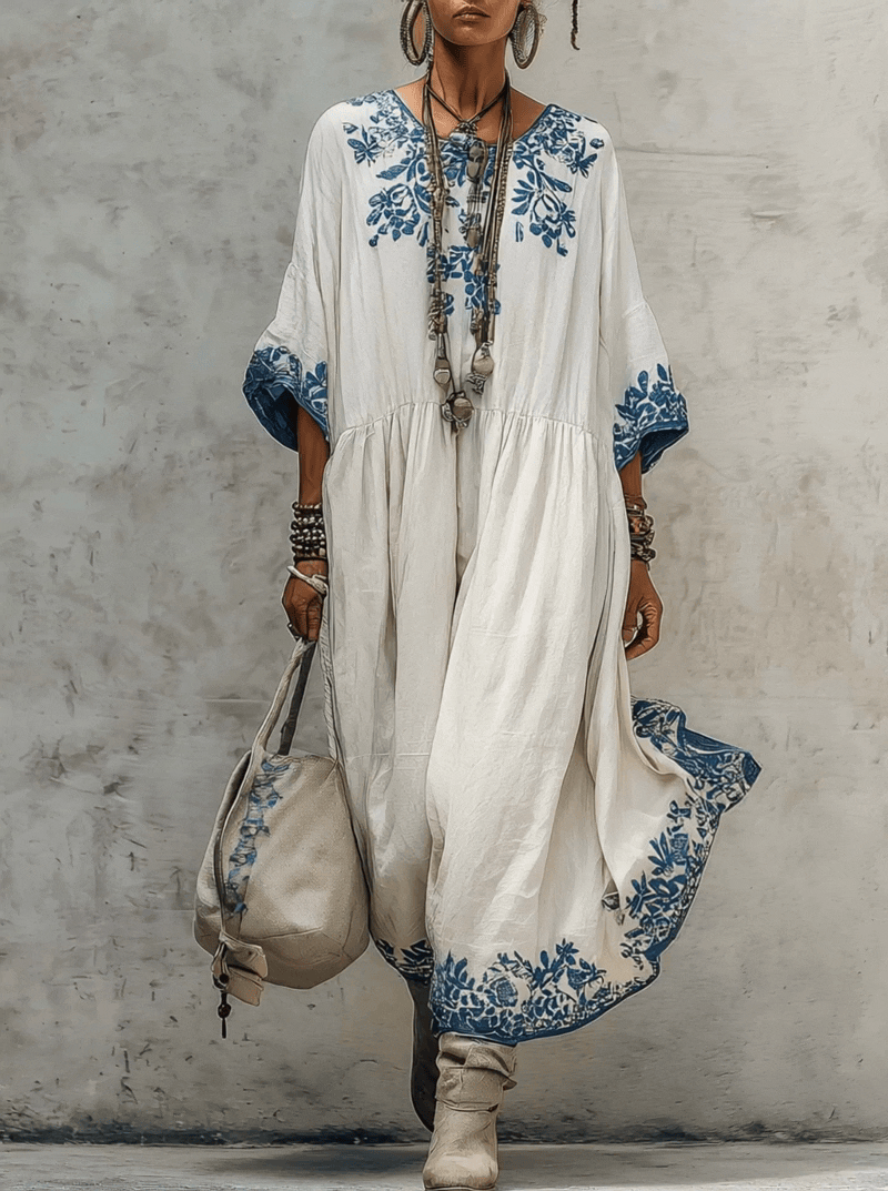White Cotton Linen Maxi Dress With Exquisite Blue Embroidered Floral