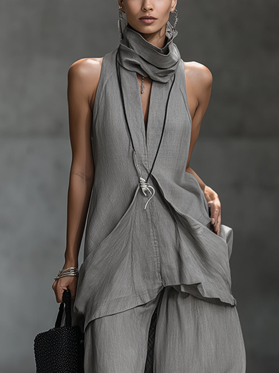 Gray Linen Blend Sleeveless Turtleneck Top And Wide Leg Pants Set
