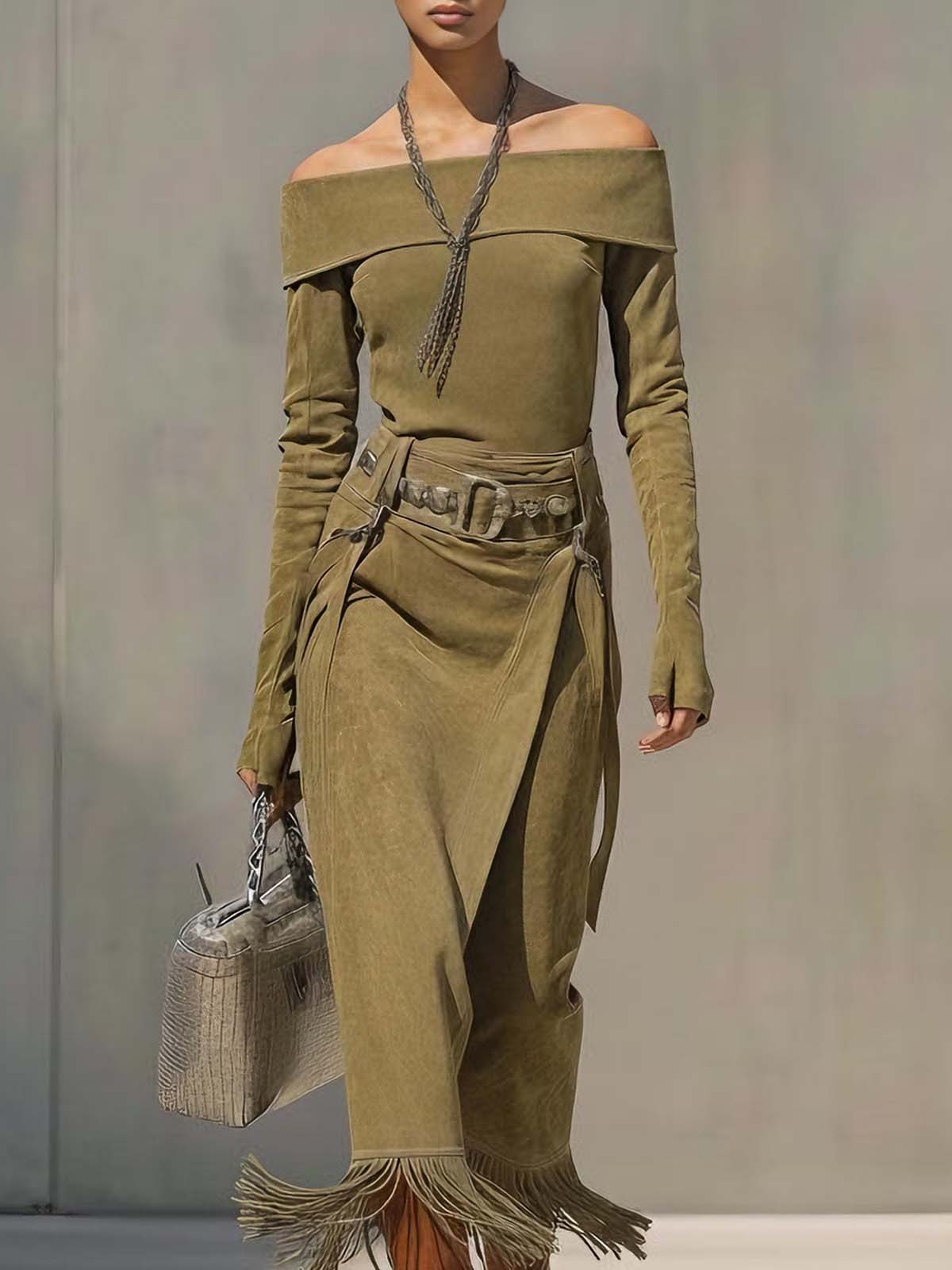 Olive Green Faux Suede Off-shoulder Tassel Side Slit Skirt Set