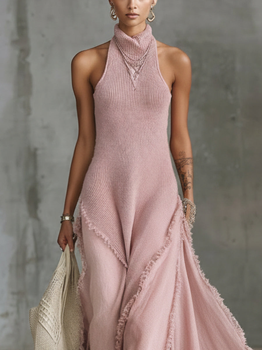 Pink Sleeveless High Neck Lace-Trim Knit Maxi Dress