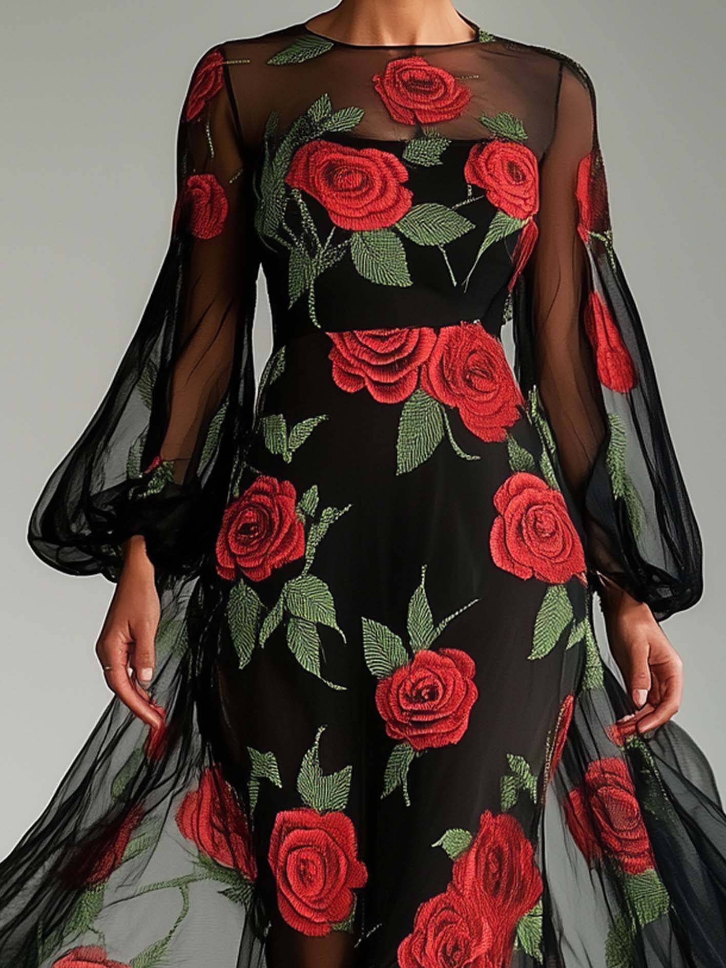Black Tencel Chiffon Maxi Dress With Rose Print