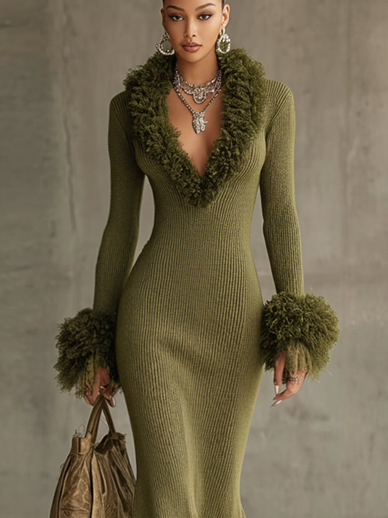 Green Knit Eco-Friendly Fur Collar Long Sleeve Maxi Dress