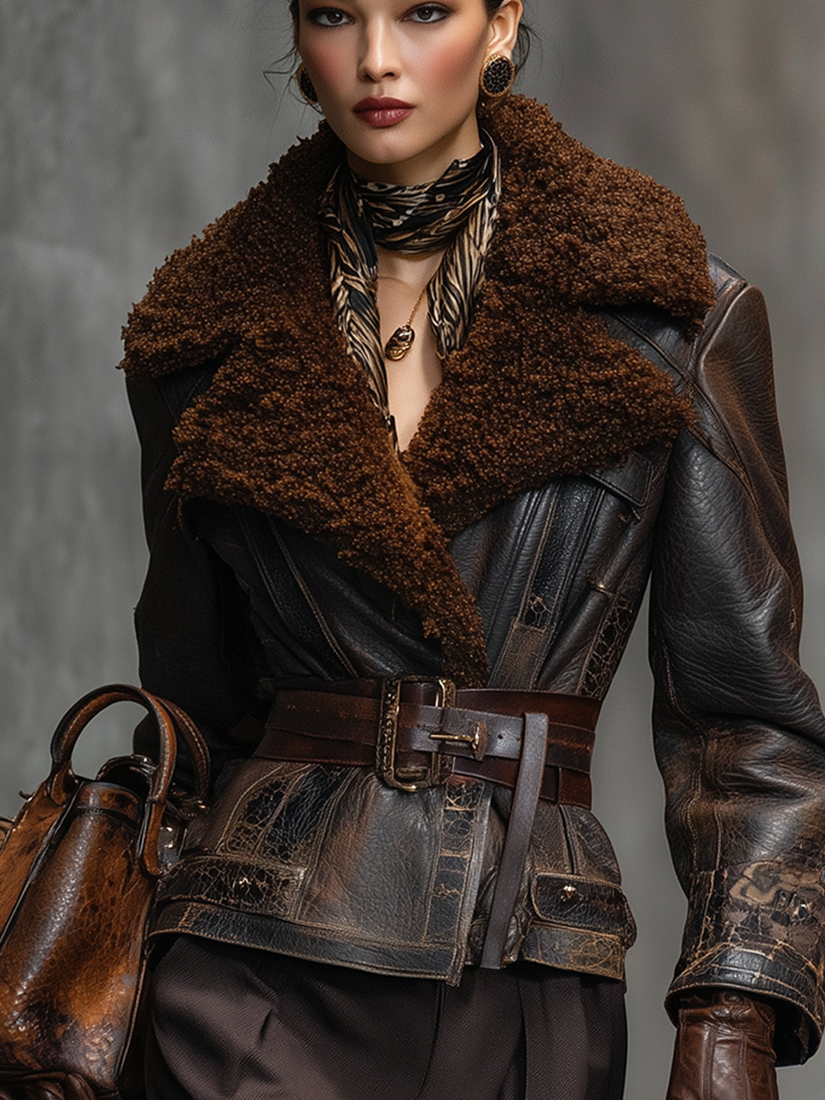 Brown Vintage Distressed Fleece Collar Leather Jacket