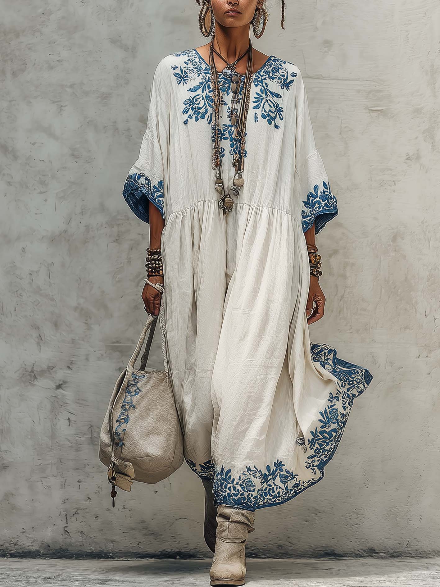 White Cotton Linen Maxi Dress With Exquisite Blue Embroidered Floral