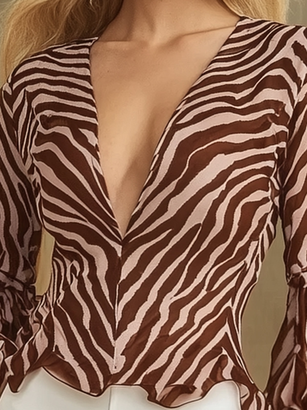 Zebra Print Flare Sleeve Blouse
