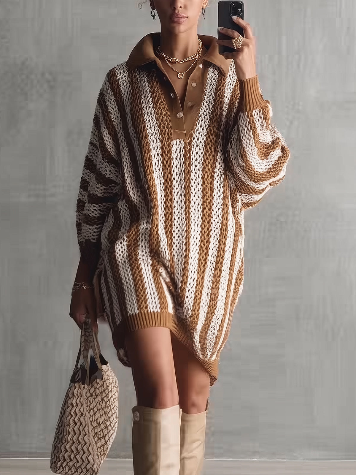 Camel And Cream Striped Knit Polo Sweater Dress