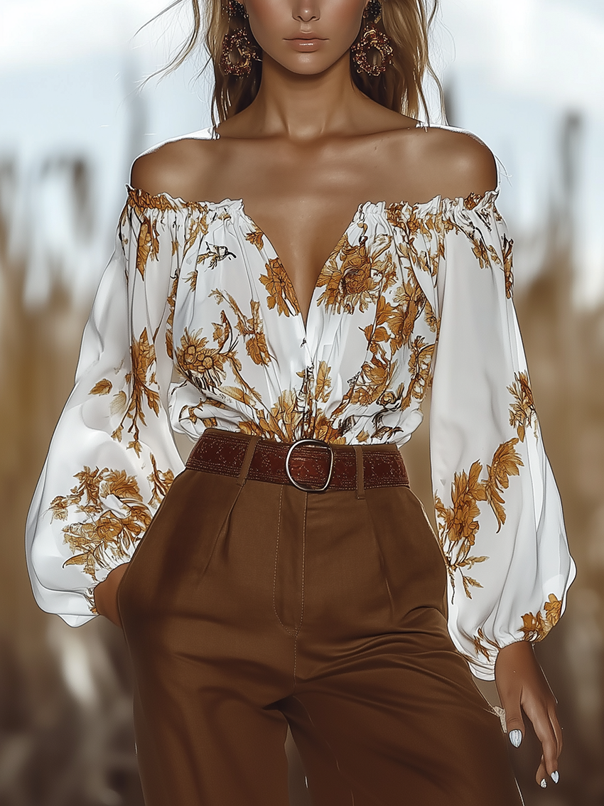 Off Shoulder White Chiffon Shirt With Yellow Flower Print