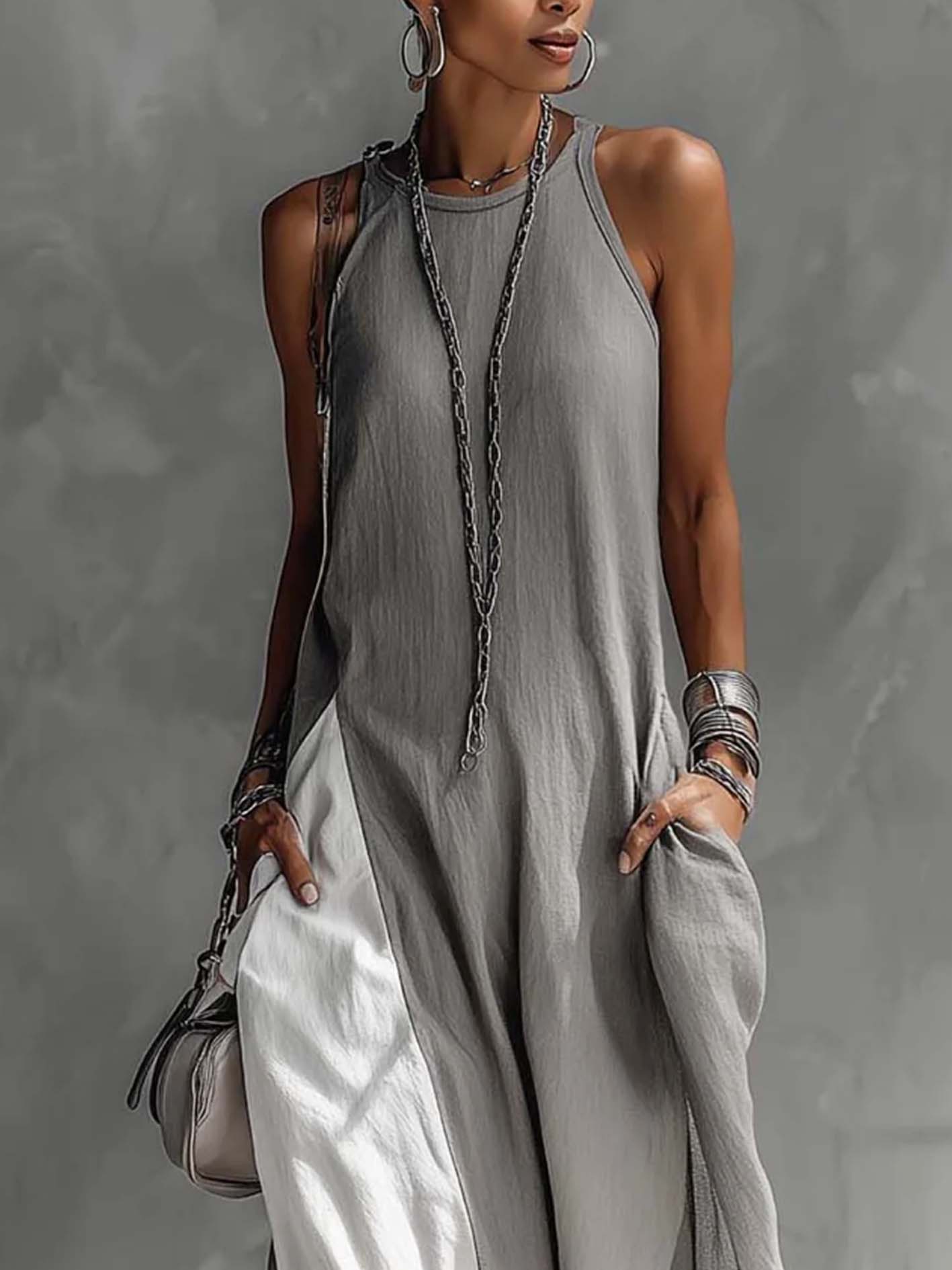 Color Block Gray Sleeveless Cotton Linen Maxi Dress