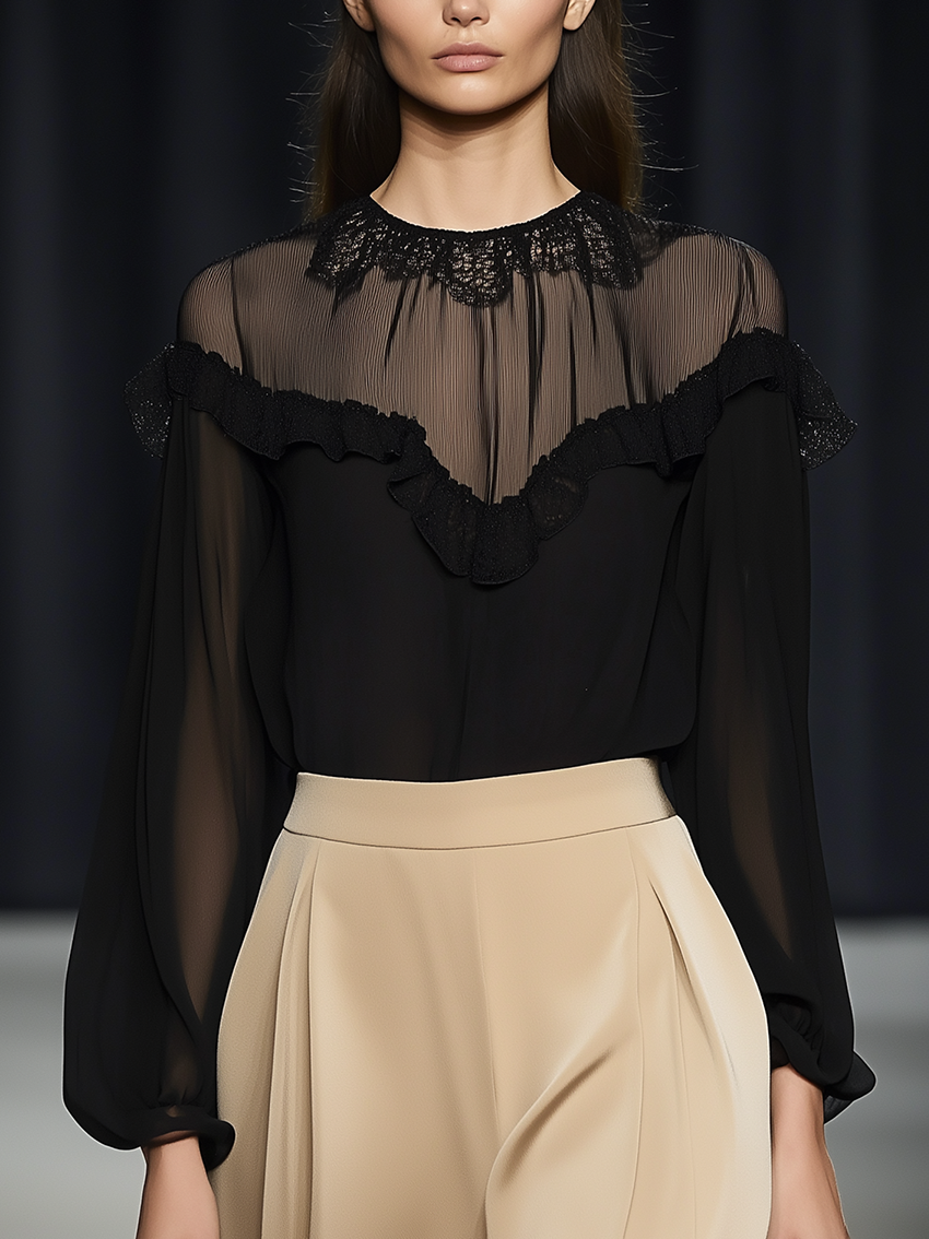 Black Chiffon Shirt With Neckline Stitching Mesh