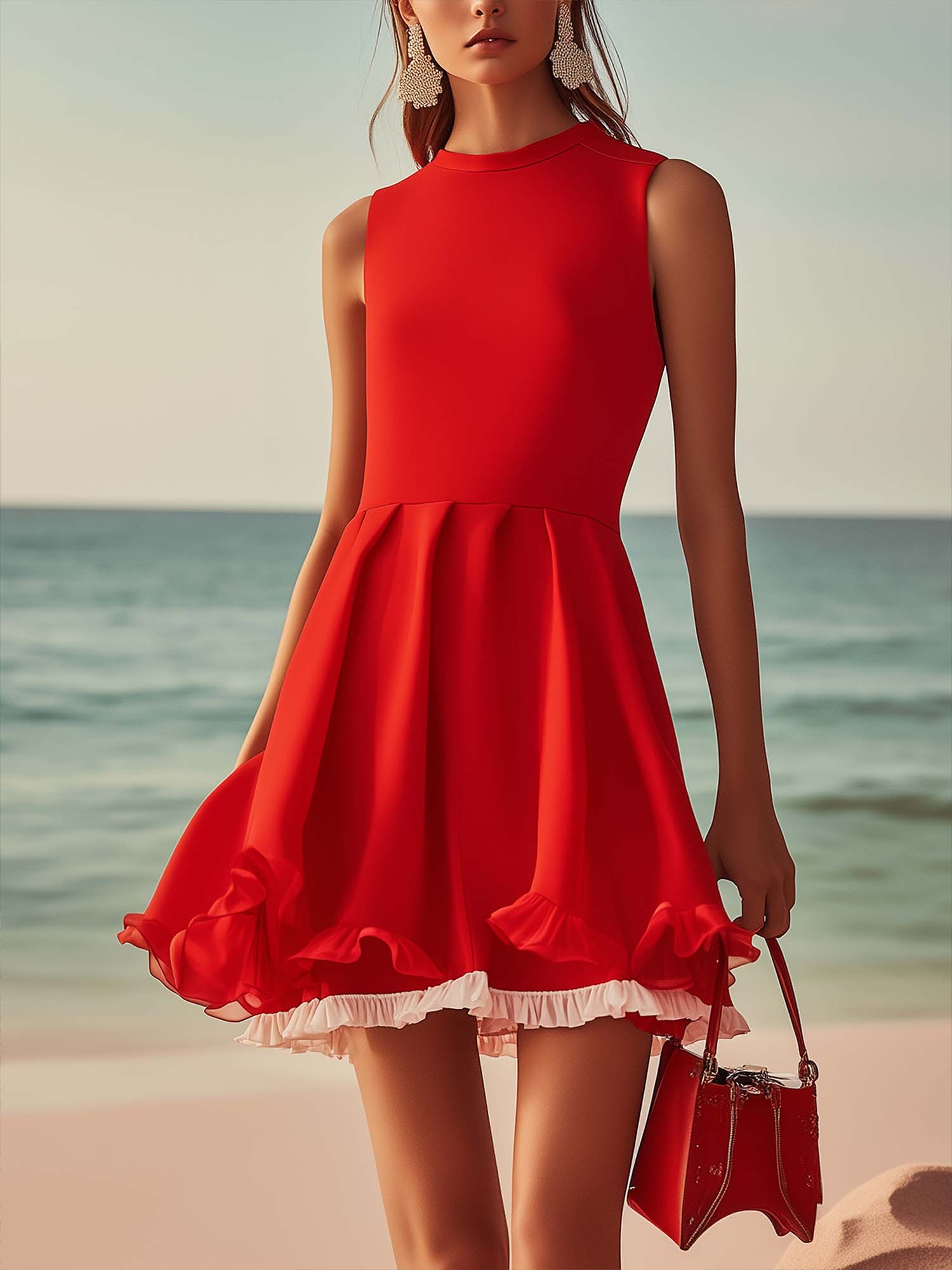 Sleeveless Red Mini Dress With Double Ruffles