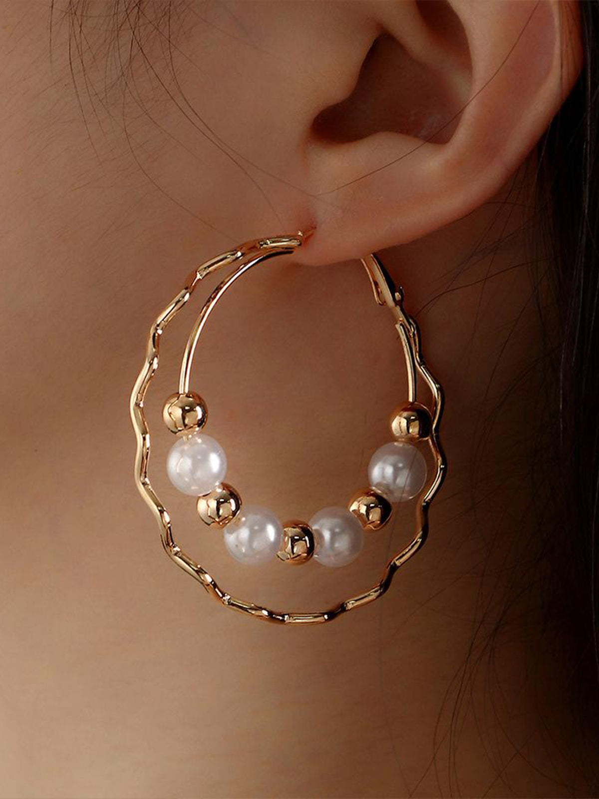 Double Layer Pearl Hoop Earrings