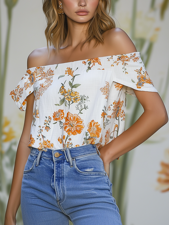 Off Shoulder White Linen Shirt With Orange Flower Print