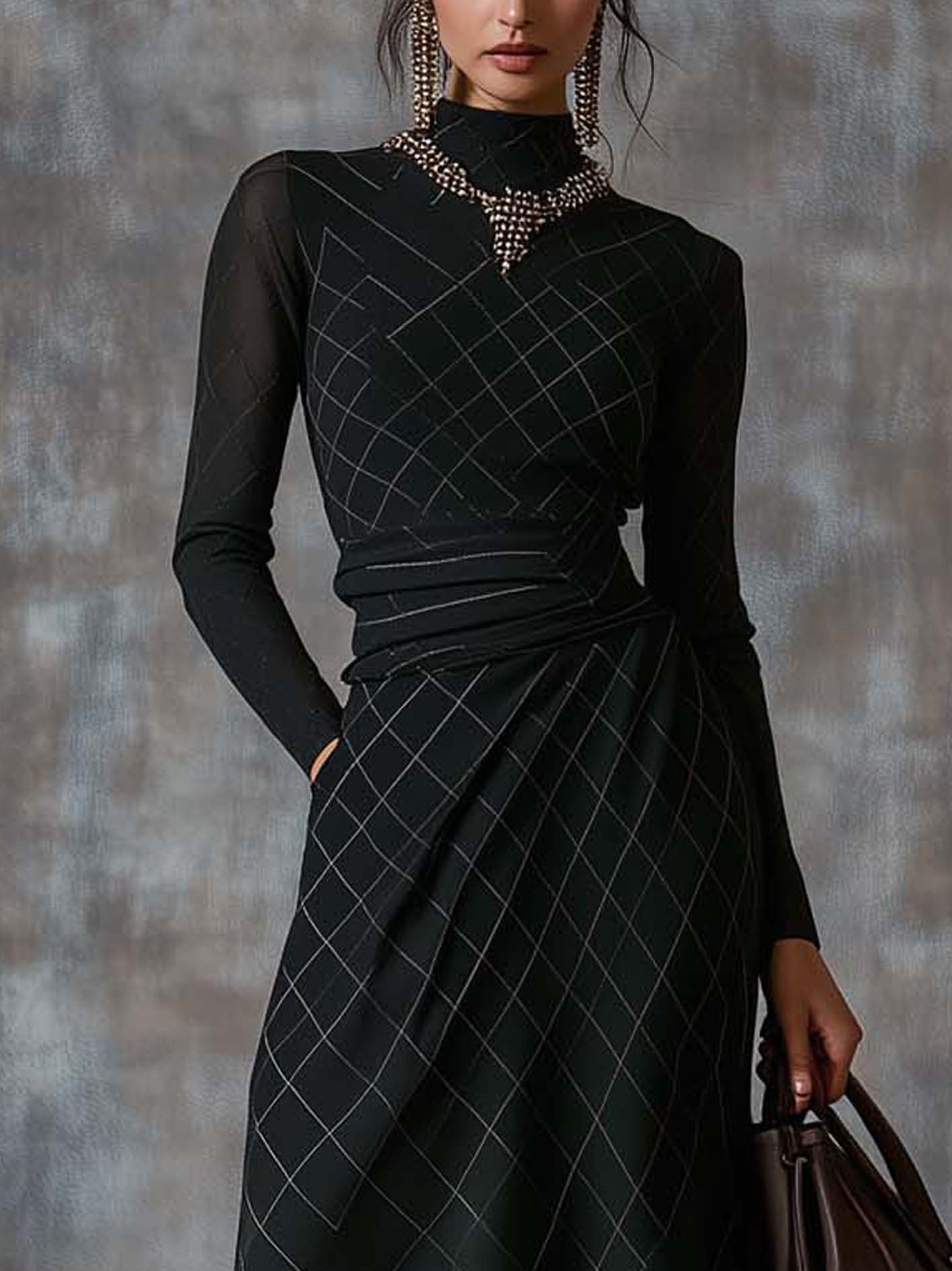 Emerald Checkered Midi Dress With Tassel Mesh Sleeves