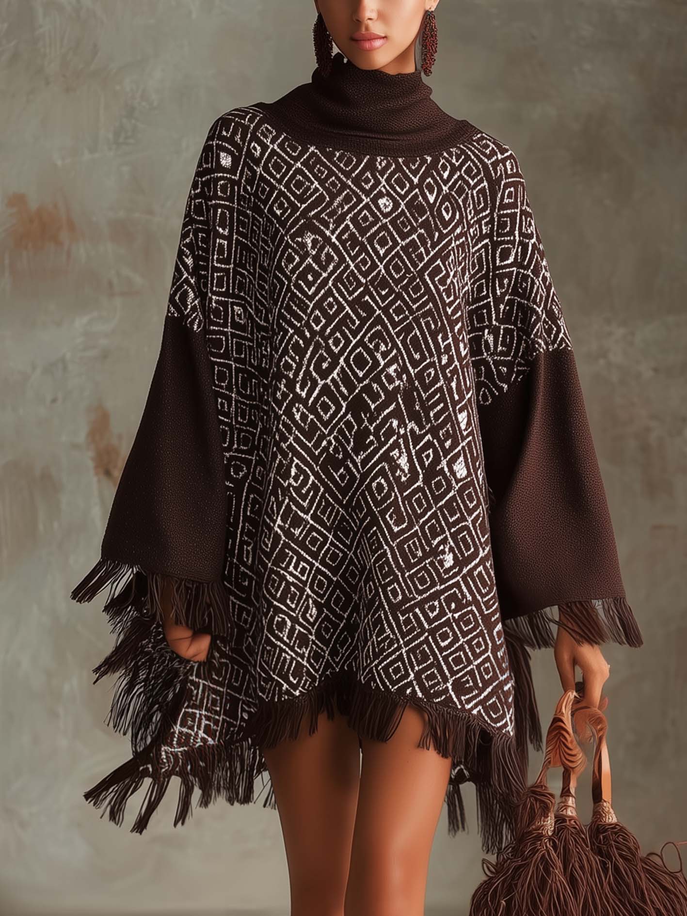 Chocolate Knitted Mini Dress With Retro Geometric Pattern