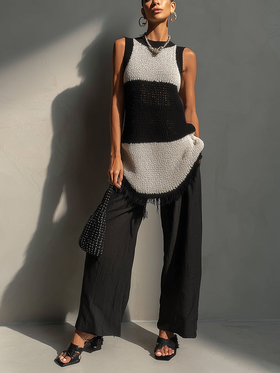 Monochrome Fringe Knit Sleeveless Top And Linen Cotton Trousers Set